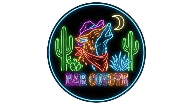 Icono de Bar Coyote con diseño de neón - Coyote aullando con cactus y luna