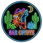 Icono de Bar Coyote con diseño de neón - Coyote aullando con cactus y luna